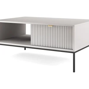 Elegante salontafel DomoHome NOVA – Met gouden accent, Moderne lade in MDF, Zwarte metalen poten, Minimalistisch ontwerp, Grijs, 104x104x46cm