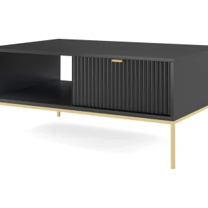 Elegante salontafel DomoHome NOVA – Met gouden accent, Moderne lade in MDF, Gouden metalen poten, Minimalistisch ontwerp, Zwart, 104x104x46cm