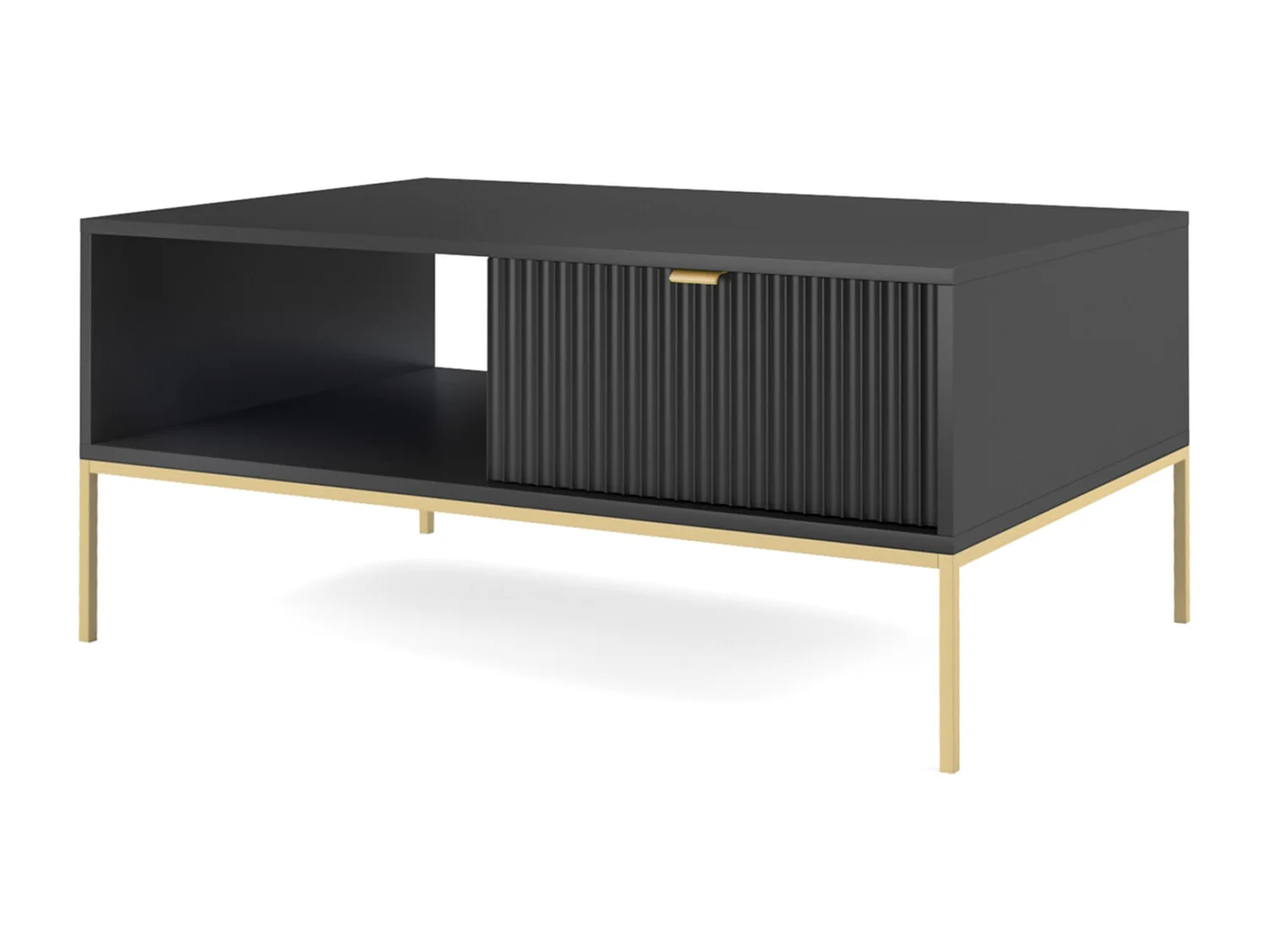 Elegante salontafel DomoHome NOVA – Met gouden accent, Moderne lade in MDF, Gouden metalen poten, Minimalistisch ontwerp, Zwart, 104x104x46cm