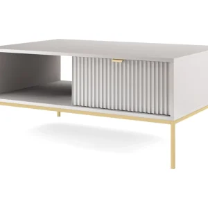Elegante salontafel DomoHome NOVA – Met gouden accent, Moderne lade in MDF, Gouden metalen poten, Minimalistisch ontwerp, Grijs, 104x104x46cm