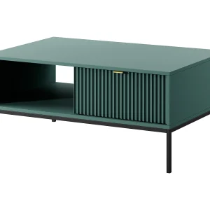 Elegante salontafel DomoHome NOVA – Met gouden accent, Moderne lade in MDF, Zwarte metalen poten, Minimalistisch ontwerp, Labrador, 104x104x46cm