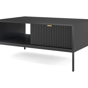 Elegante salontafel DomoHome NOVA – Met gouden accent, Moderne lade in MDF, Zwarte metalen poten, Minimalistisch ontwerp, Zwart, 104x104x46cm