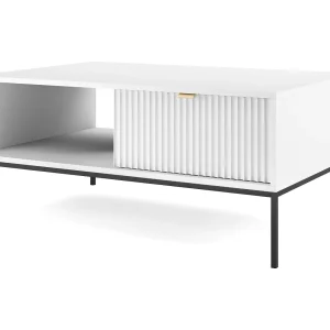 Elegante salontafel DomoHome NOVA – Met gouden accent, Moderne lade in MDF, Zwarte metalen poten, Minimalistisch ontwerp, Wit, 104x104x46cm