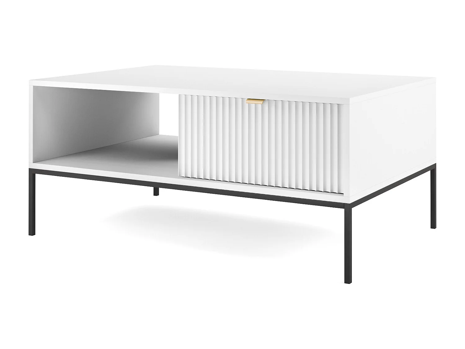 Elegante salontafel DomoHome NOVA – Met gouden accent, Moderne lade in MDF, Zwarte metalen poten, Minimalistisch ontwerp, Wit, 104x104x46cm