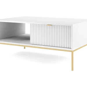 Elegante salontafel DomoHome NOVA – Met gouden accent, Moderne lade in MDF, Gouden metalen poten, Minimalistisch ontwerp, Wit, 104x104x46cm