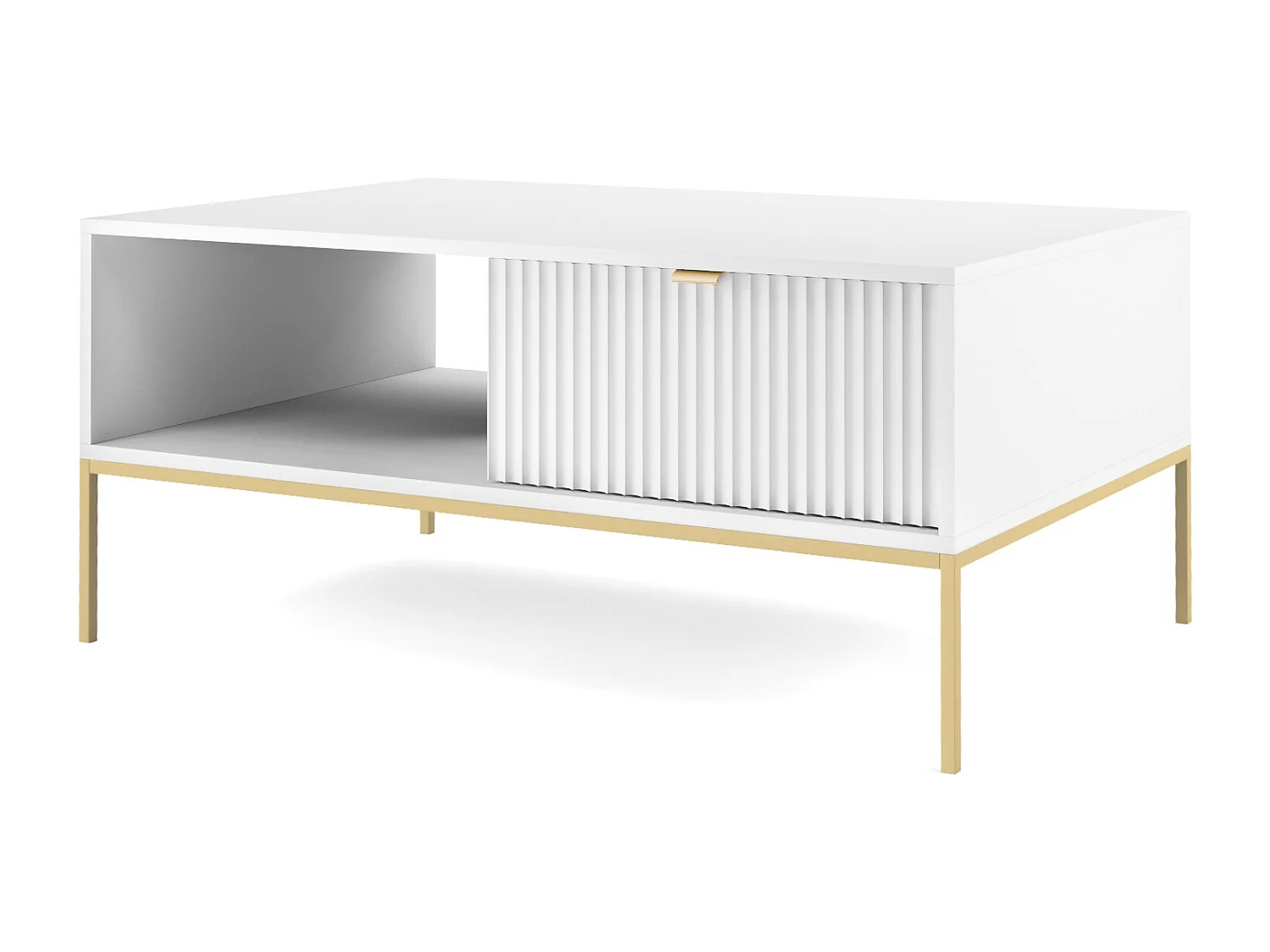 Elegante salontafel DomoHome NOVA – Met gouden accent, Moderne lade in MDF, Gouden metalen poten, Minimalistisch ontwerp, Wit, 104x104x46cm