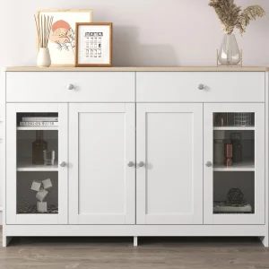 Dressoir met 2 lades en glazen deuren – voor woonkamer en eetkamer – Wit Dressoir met 2 lades en glazen deuren – voor woonkamer en eetkamer – Wit
