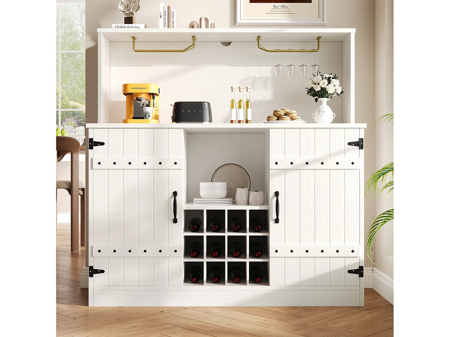 Dressoir met 3 deuren en 12 flessenhouders - 120 x 40 x 120 cm - MDF - voor woonkamer, eetkamer - Wit