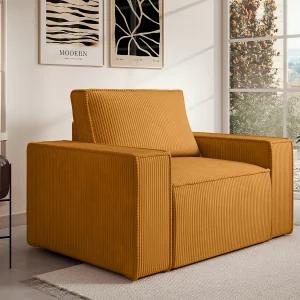 Design fauteuil in lichtoranje ribfluweel AMELIA