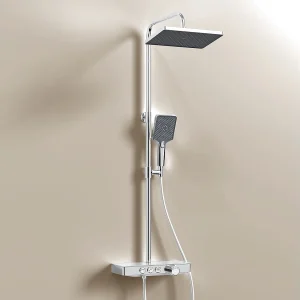 EMKE Douchekolom met Thermostaat, 36 x 14 cm glazen planken, 3 soorten straal, regeneffect douche, KTW-certificering, Chroom