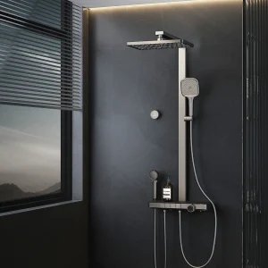 EMKE Douchkolom met Thermostaat 38℃ Regendouche 40 cm Glasplank met 3+1 Handdouche voor Ouders-Kind + Douchhouder – Mat Anthraciet
