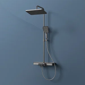 EMKE Thermostatische Douchkolom, 45 x 13 cm Glazen Planken, 3 Stralingsmodi, Regenachtige Douche, KTW Certificering, Metaalgrijs