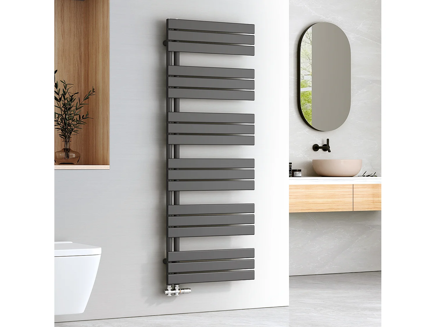 EMKE Handdoekradiator met warmwateraansluiting, Plat Paneel, Zij aansluiting, Antraciet 1599x600mm 958W