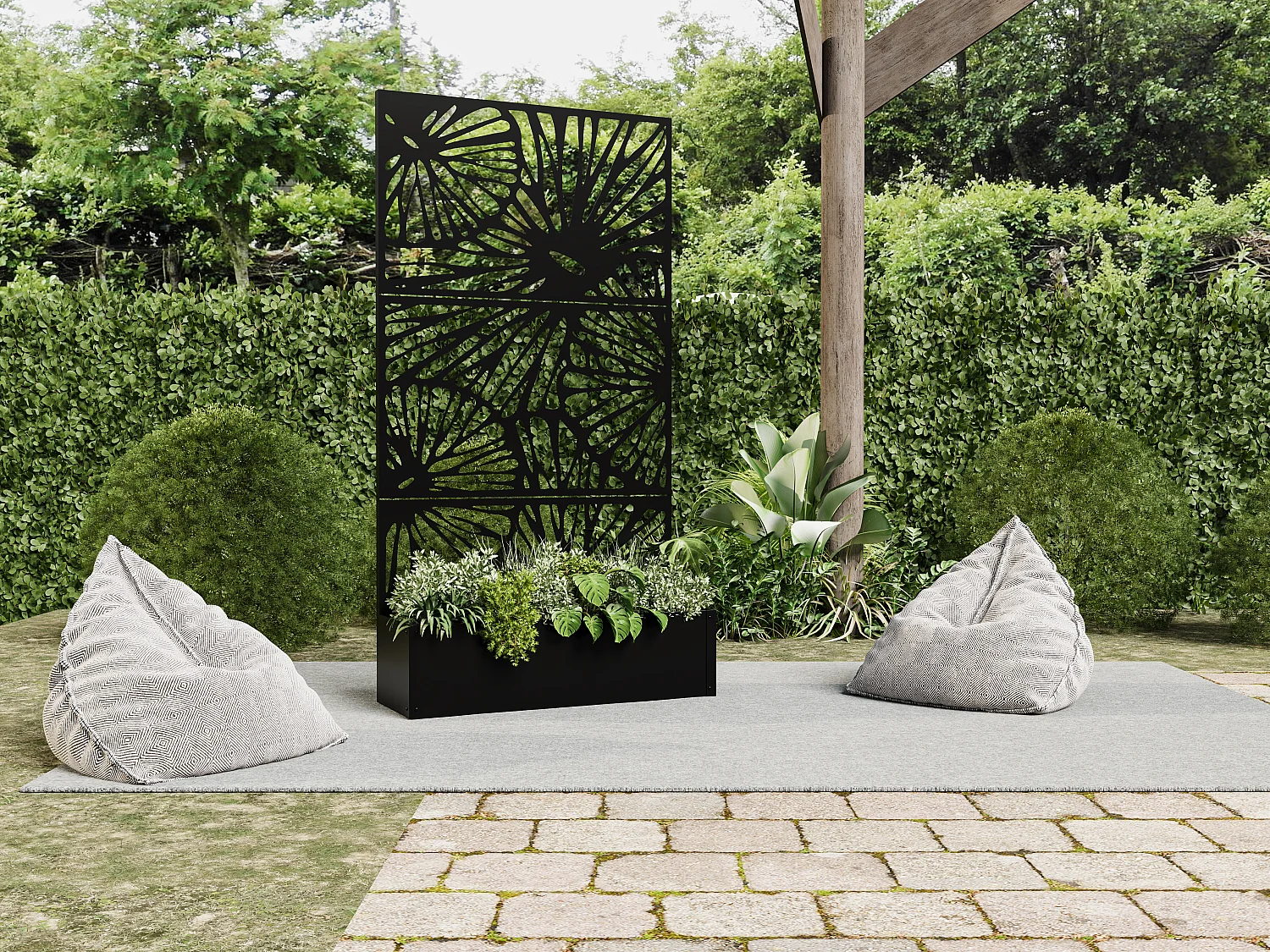 Plantenbak voor op de grond met klimwand met motief - L92 x D32,5 x H180 cm - zwart - ENATAS