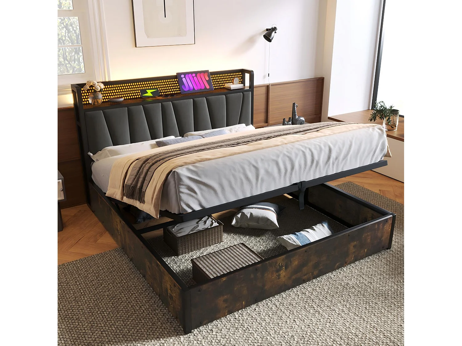 Dubbele borst 160x200cm+ matras, met LED's en USB -laadpoorten, app -besturing, grijs