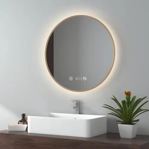 EMKE Rond LED Badkamerspiegel 60cm, Gouden Omlijsting, Touch Schakelaar, Anti-condens, Klok & Temperatuur, Neutraal Licht EMKE Rond LED Badkamerspiegel 60cm, Gouden Omlijsting, Touch Schakelaar, Anti-condens, Klok & Temperatuur, Neutraal Licht