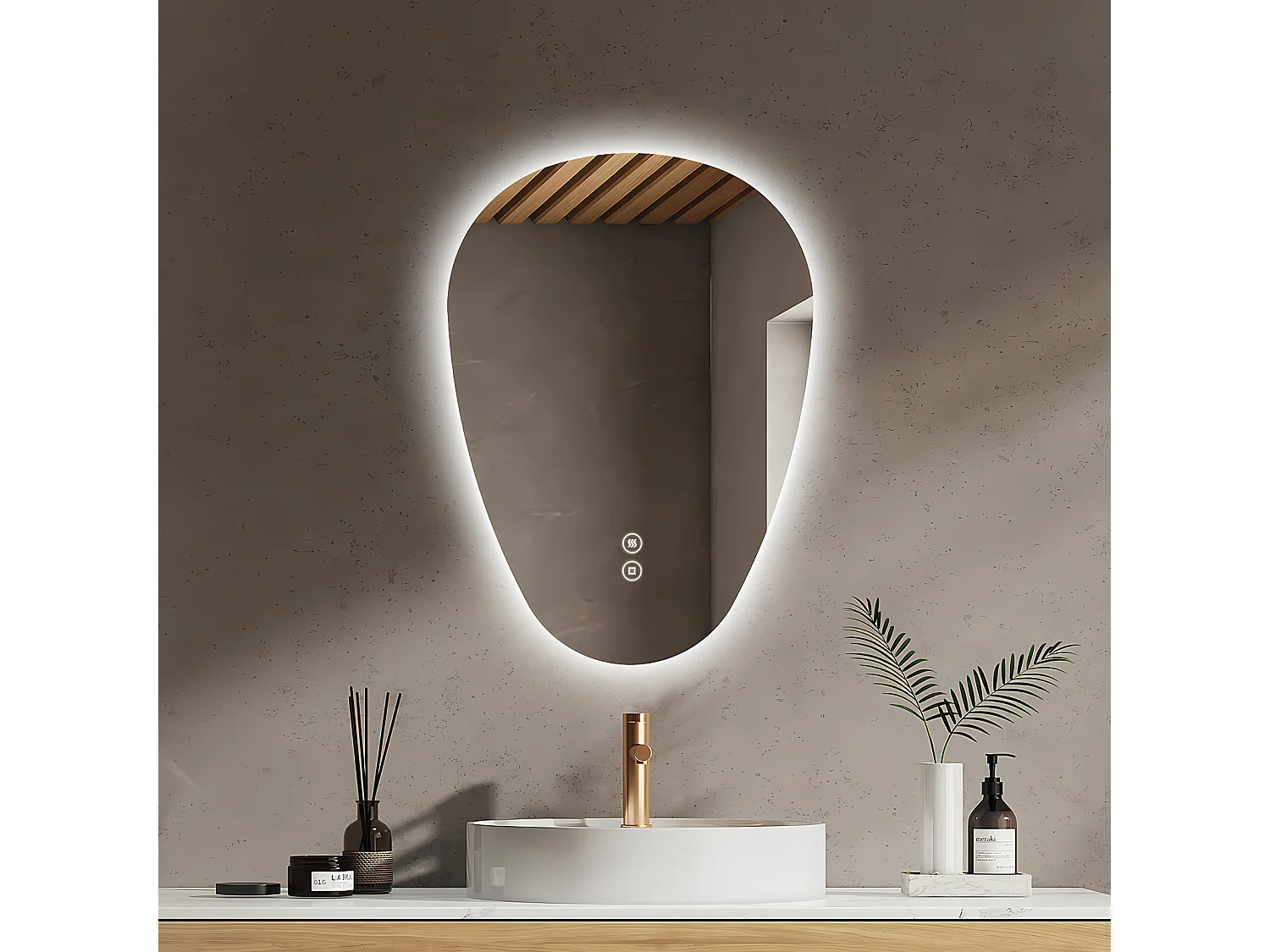 EMKE Badkamerspiegel met LED Verlichting, 70 x 50 cm, Asymmetrische Spiegel, Touch Schakelaar, 3 Kleurtemperaturen Instelbaar, Anti-condens