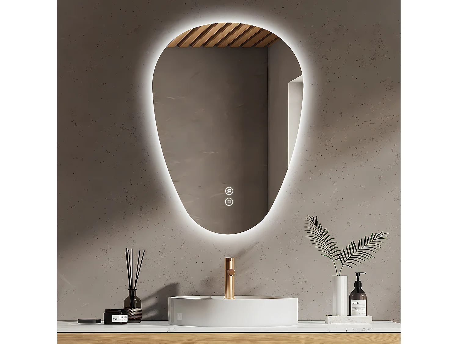 EMKE Badkamerspiegel met LED Verlichting, 80 x 60 cm, Asymmetrische Spiegel, Touch Schakelaar, 3 Kleurtemperaturen Instelbaar, Anti-condens