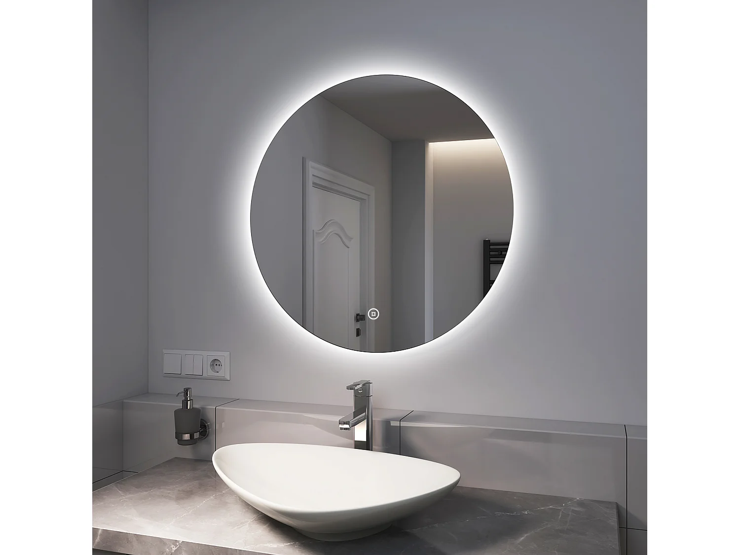EMKE Ronde LED Badkamerspiegel 70 cm, Verlicht Achterkant, Randloos Design, Touchschakelaar, Koud Wit Licht