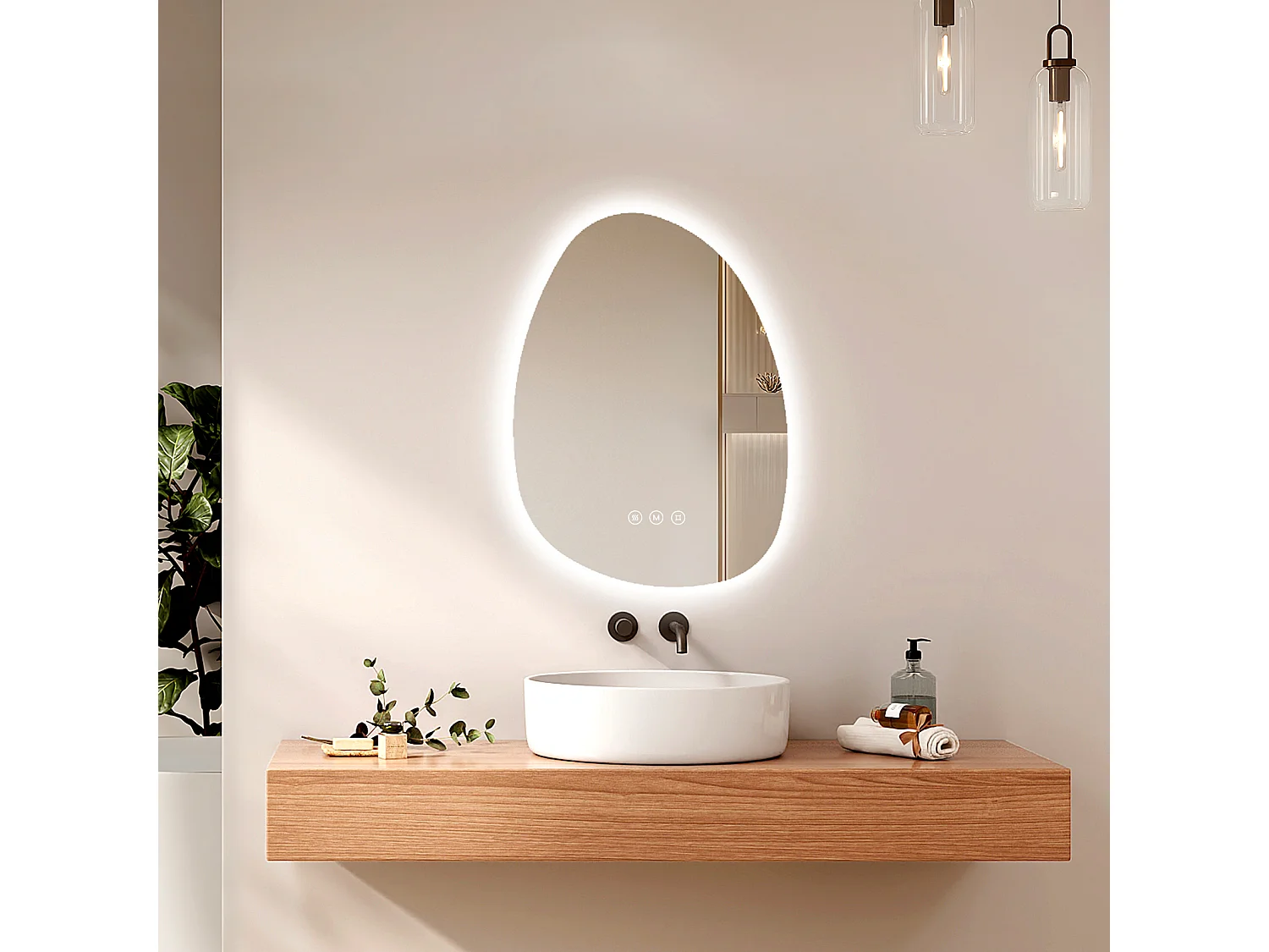EMKE Asymmetrische LED Badkamerspiegel met 3-kleuren dimbare verlichting, anti-condens functie en touch schakelaar, 65x45 cm