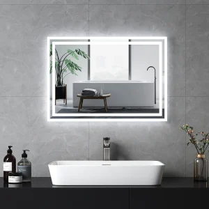 EMKE Verlicht badkamer spiegel 70x50cm, LED spiegel met knop, Anti-condens, Spiegel met verlichting koud/warm wit licht EMKE Verlicht badkamer spiegel 70x50cm, LED spiegel met knop, Anti-condens, Spiegel met verlichting koud/warm wit licht