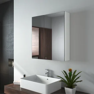 EMKE Spiegelkast – Aluminium – Wit – 65×60 cm – 2 Deuren – Soft Close – Badkamerkast met Spiege