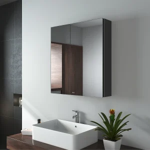 EMKE Spiegelkast – Aluminium – Zwart – 65×60 cm – 2 Deuren – Soft Close – Badkamerkast met Spiegel