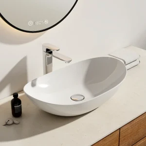 EMKE Opzetwastafel Ovaal – Keramiek – Glans Wit – 61.5x36x15 cm – Badkamer Wasbak