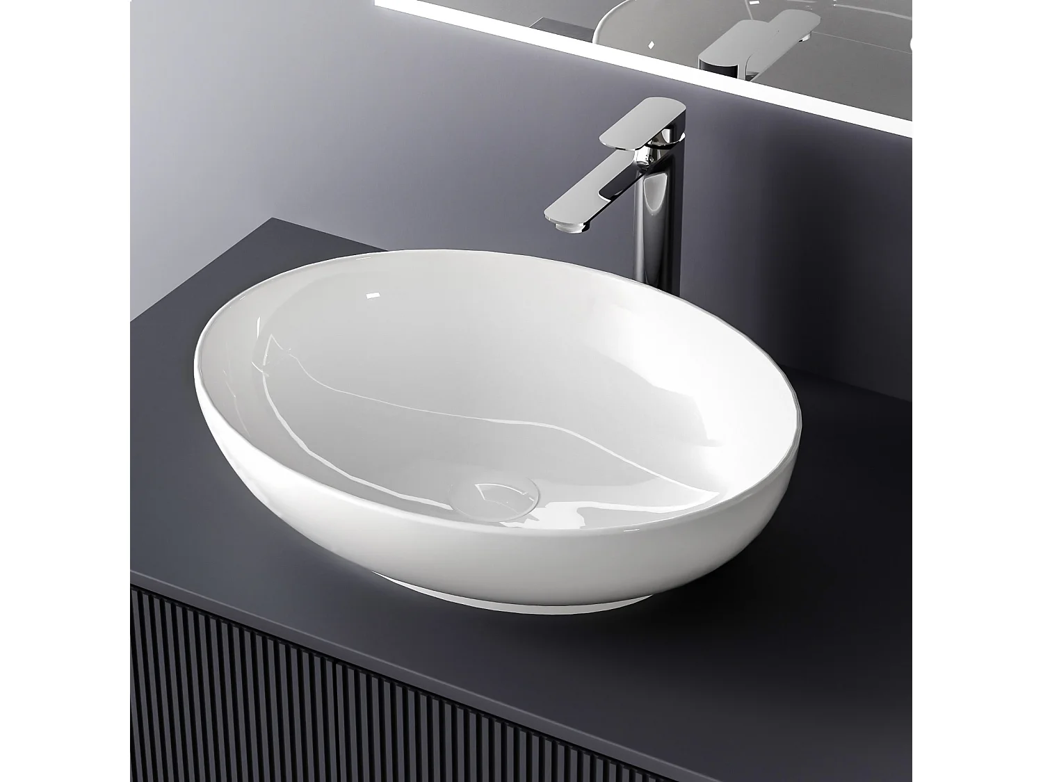 EMKE Waskom Ovaal 520 x 395 x 130 mm, Keramisch Badkamer Waskom, Inzetmontage op Werkblad, Glanzend Wit