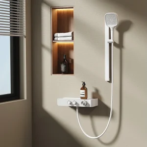 EMKE Thermostatische douchestang – Mat wit, verstelbare waterstroom, gescheiden minimalistisch ontwerp, handdouche met 3 functies, doucheset