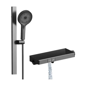 EMKE Thermostaatdouchekolom met 38°C, grote hoofddouche en multimode handdouche, Cirkel, antraciet
