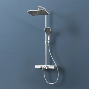 EMKE Thermostaatdouchekolom, 45 x 13 cm glazen planken, 3 straalsoorten, regen douche, KTW-certificering, Chroom