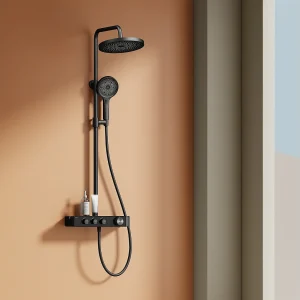 EMKE Thermostatische douchestang Zwart, innovatieve doorstroomregeling, regendouche-effect 26 cm, handdouche met 3 jets