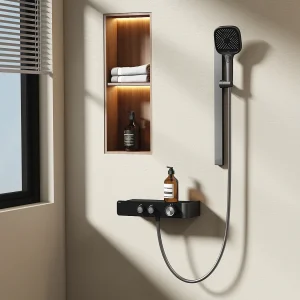 EMKE Thermostatische douchestang – Mat antraciet, verstelbare waterstroom, gescheiden minimalistisch ontwerp, handdouche met 3 functies, doucheset