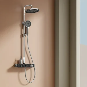 EMKE Thermostatische douchestang Chroom, innovatieve doorstroomregeling, regendouche-effect 26 cm, handdouche met 3 jets