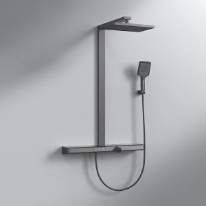 EMKE Thermostaatdouchekolom 38°C, veiligheidsslot, regen douche met mengkraan, met extra grote plank, KTW-gecertificeerd, Antraciet