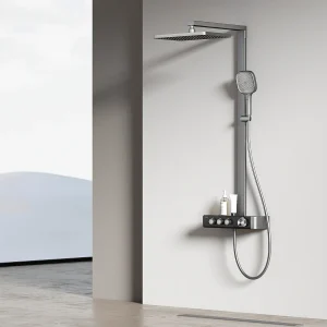 EMKE Thermostatische douchestang – Mat antraciet, innovatieve doorstroomregeling, regendouche-effect 36×24 cm, handdouche met 3 jets