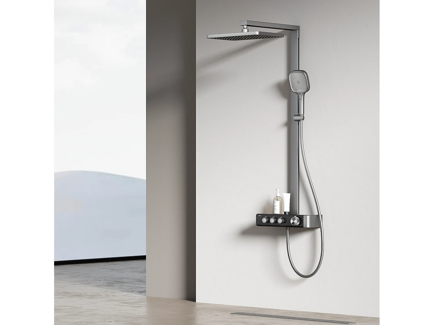 EMKE Thermostatische douchestang – Mat antraciet, innovatieve doorstroomregeling, regendouche-effect 36x24 cm, handdouche met 3 jets