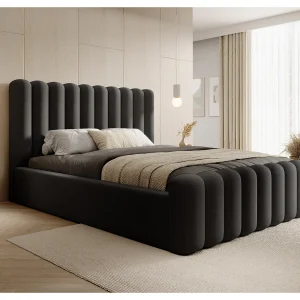 Duurzaam gestoffeerd bed Mona VII, modern design, ruime commode, onderhoudsvriendelijke stof 160×200 cm, zwart Duurzaam gestoffeerd bed Mona VII, modern design, ruime commode, onderhoudsvriendelijke stof 160×200 cm, zwart