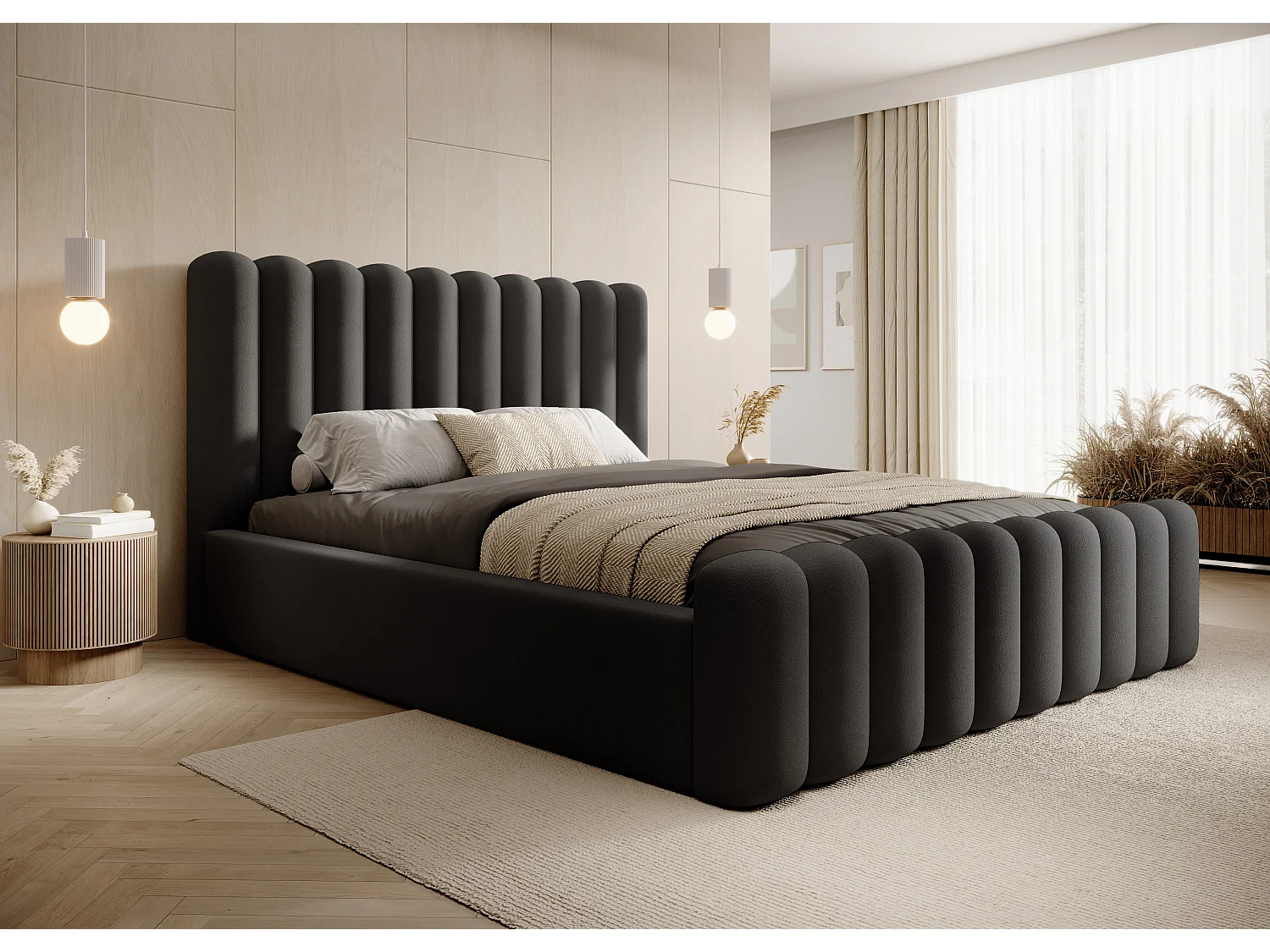 Duurzaam gestoffeerd bed Mona VII, modern design, ruime commode, onderhoudsvriendelijke stof 160x200 cm, zwart