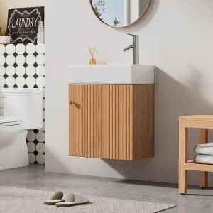 Enkele wastafel badkamermeubel, lage kast met keramische wastafel – 46 x 26 x 56 cm – MDF hout – Naturel Enkele wastafel badkamermeubel, lage kast met keramische wastafel – 46 x 26 x 56 cm – MDF hout – Naturel
