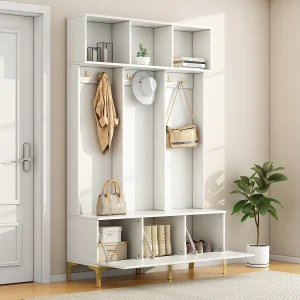 Garderobekast met bank, 3 deuren en kapstok – 120 x 23,5 x 191,5 – Spaanplaat – Kleur wit Garderobekast met bank, 3 deuren en kapstok – 120 x 23,5 x 191,5 – Spaanplaat – Kleur wit