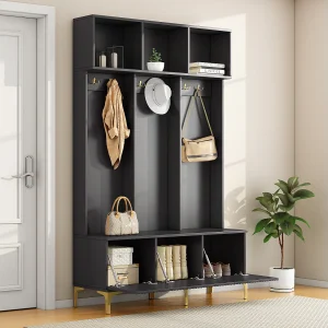 Garderobekast met bank, 3 deuren en kapstok – 120 x 23,5 x 191,5 – Spaanplaat – Kleur zwart Garderobekast met bank, 3 deuren en kapstok – 120 x 23,5 x 191,5 – Spaanplaat – Kleur zwart