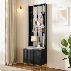 Garderobe met kapstok en schoenenbank – 60,5×35,2×180,5 cm – Spaanplaat – Zwart