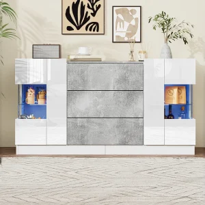 Dressoir met 2 deuren en 3 laden – 140 x 35 x 75 cm – MDF en glas – Glanzend wit en grijs marmerlook Dressoir met 2 deuren en 3 laden – 140 x 35 x 75 cm – MDF en glas – Glanzend wit en grijs marmerlook
