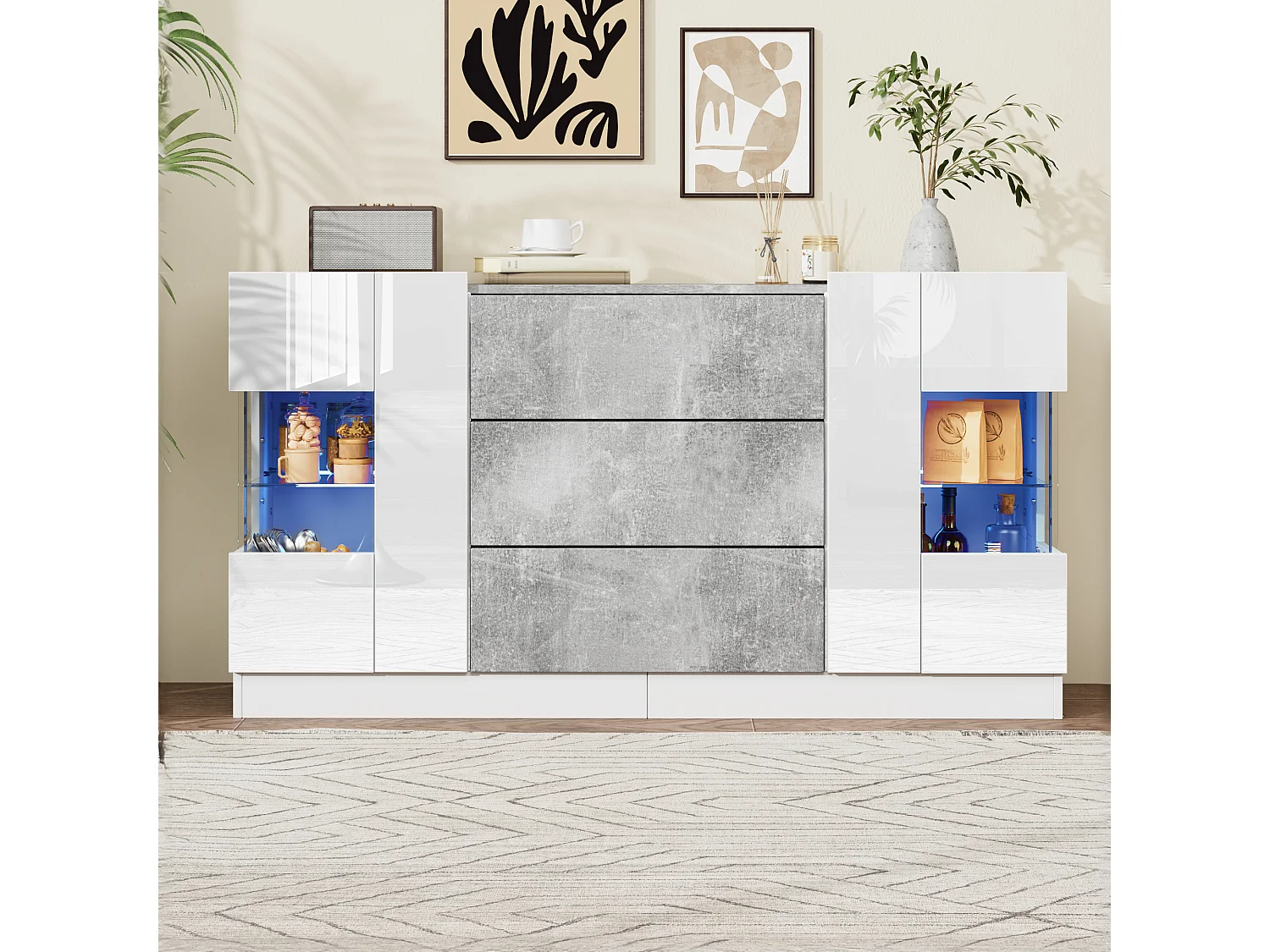 Dressoir met 2 deuren en 3 laden - 140 x 35 x 75 cm - MDF en glas - Glanzend wit en grijs marmerlook