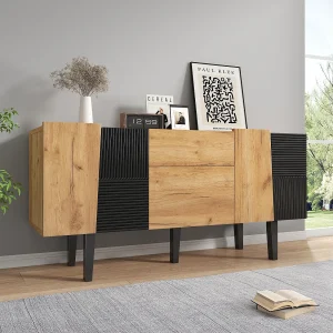 Dressoir met 4 deuren en 2 laden, tv-meubel – 140 x 40 x 70 cm – Spaanplaat en poten van massief hout – Eiken