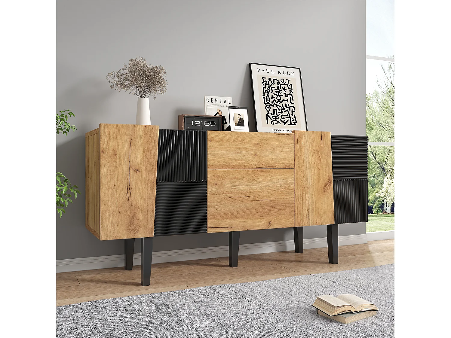 Dressoir met 4 deuren en 2 laden, tv-meubel - 140 x 40 x 70 cm - Spaanplaat en poten van massief hout - Eiken