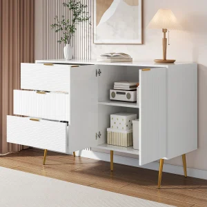 Dressoir met 2 deuren en 3 laden – 120 x 38 x 80,5 cm – Gouden handgrepen en poten – MDF – Wit en goud Dressoir met 2 deuren en 3 laden – 120 x 38 x 80,5 cm – Gouden handgrepen en poten – MDF – Wit en goud