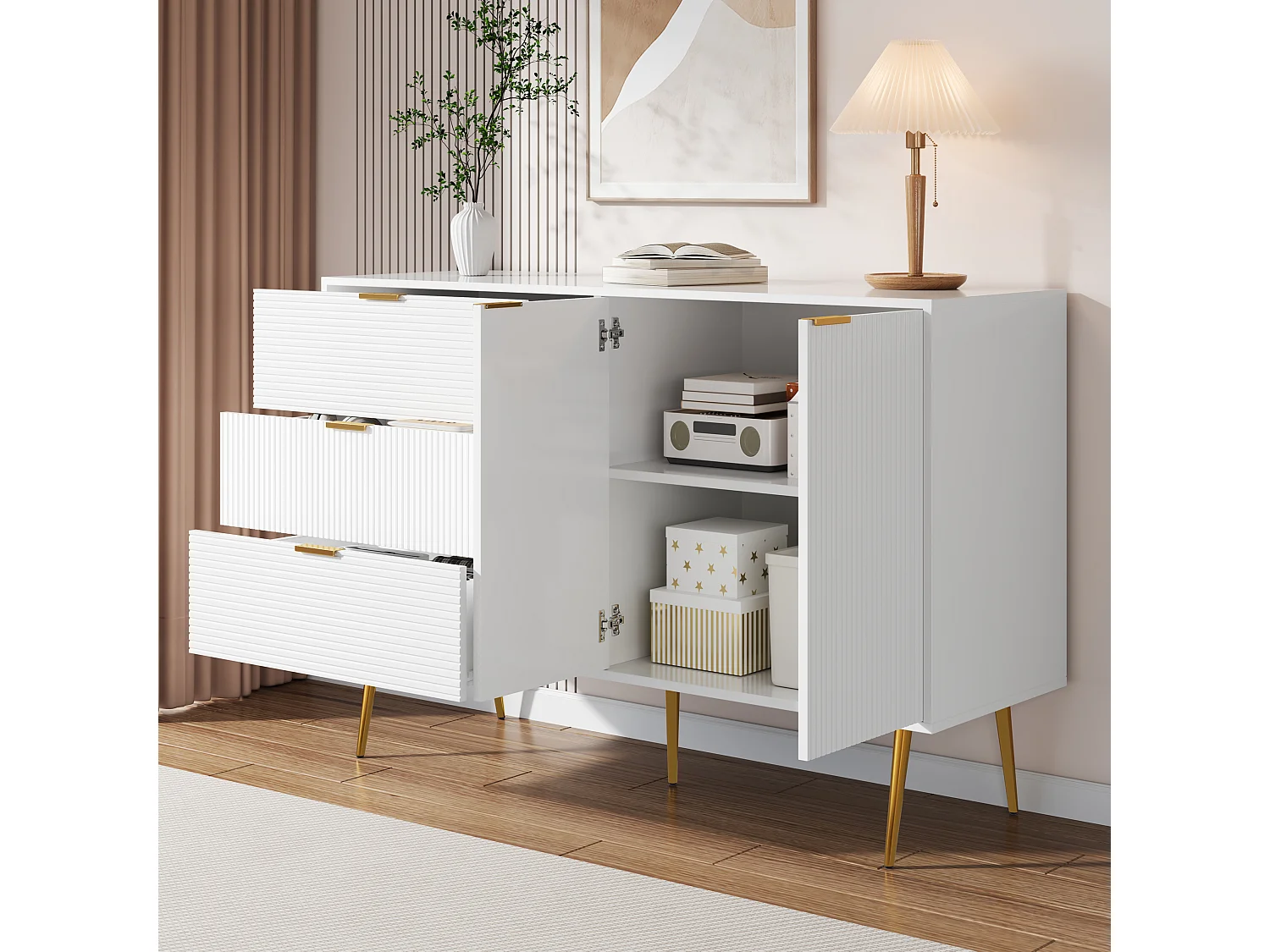 Dressoir met 2 deuren en 3 laden - 120 x 38 x 80,5 cm - Gouden handgrepen en poten - MDF - Wit en goud